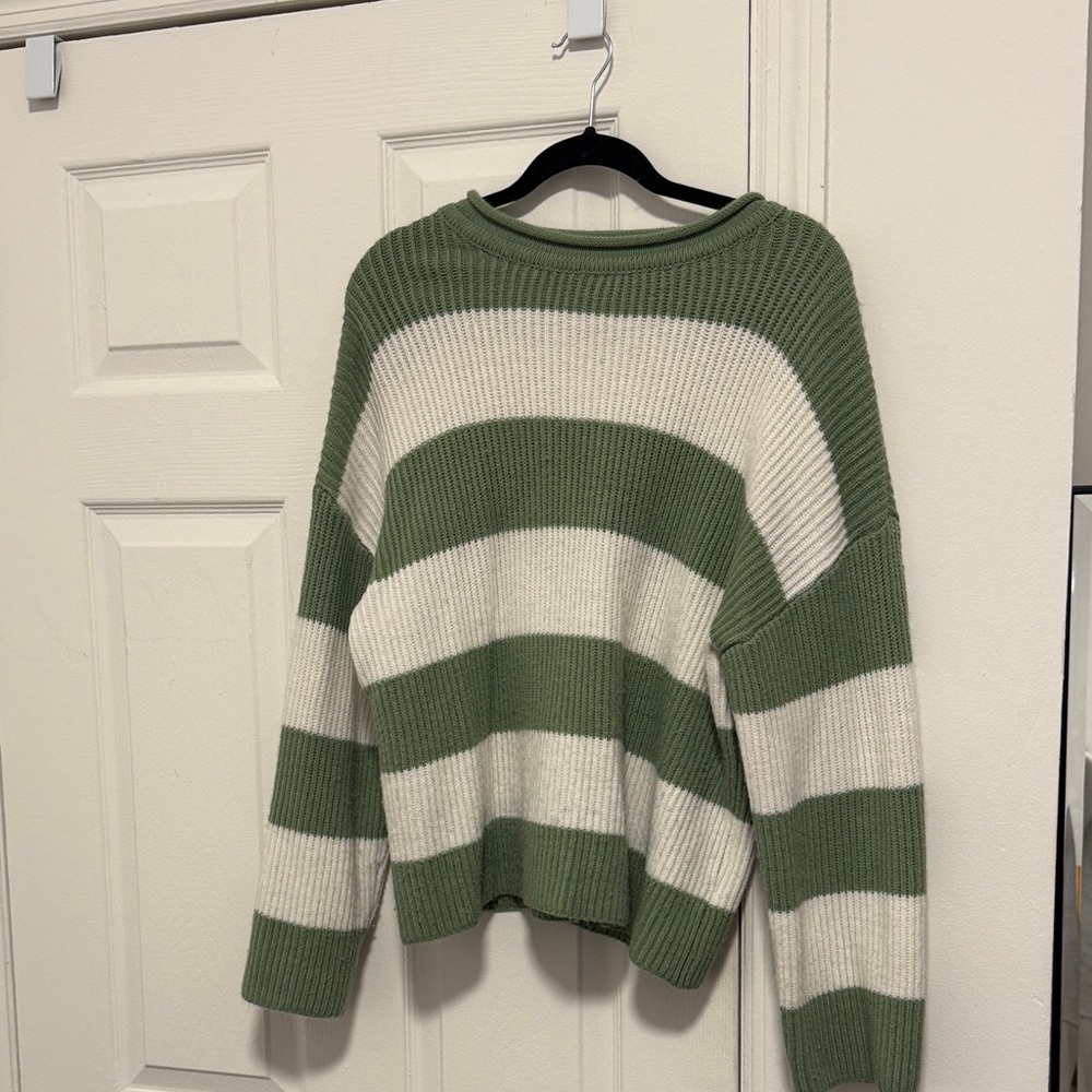 Olive and Cream Striped Crew Neck Sweater